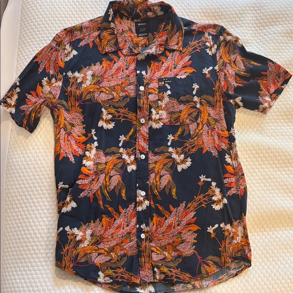 RVCA Men's Floral Short Sleeve Shirt - Navy blue and Orange